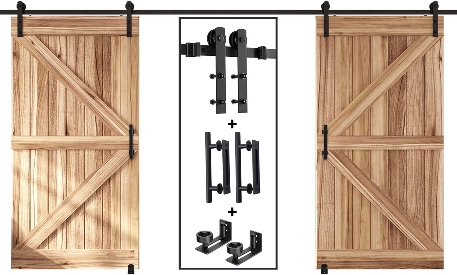 EaseLife 16 FT Double Sliding Barn Door Track and Handle Hardware Kit,Heavy Duty,Straight Pulley,Slide Smoothly Quietly,Easy Install (16FT Track Kit for 44"~48" Wide Double Door)