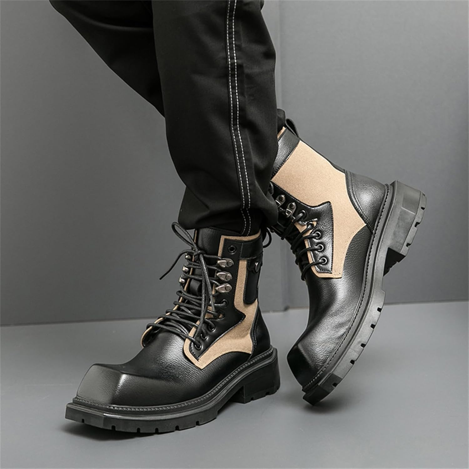 Men's Retro Motorcycle Combat Boots - Square Toe Platform High Top Lace Up Ankle Boots, Chunky Heel Casual Dress Shoes Non-Slip