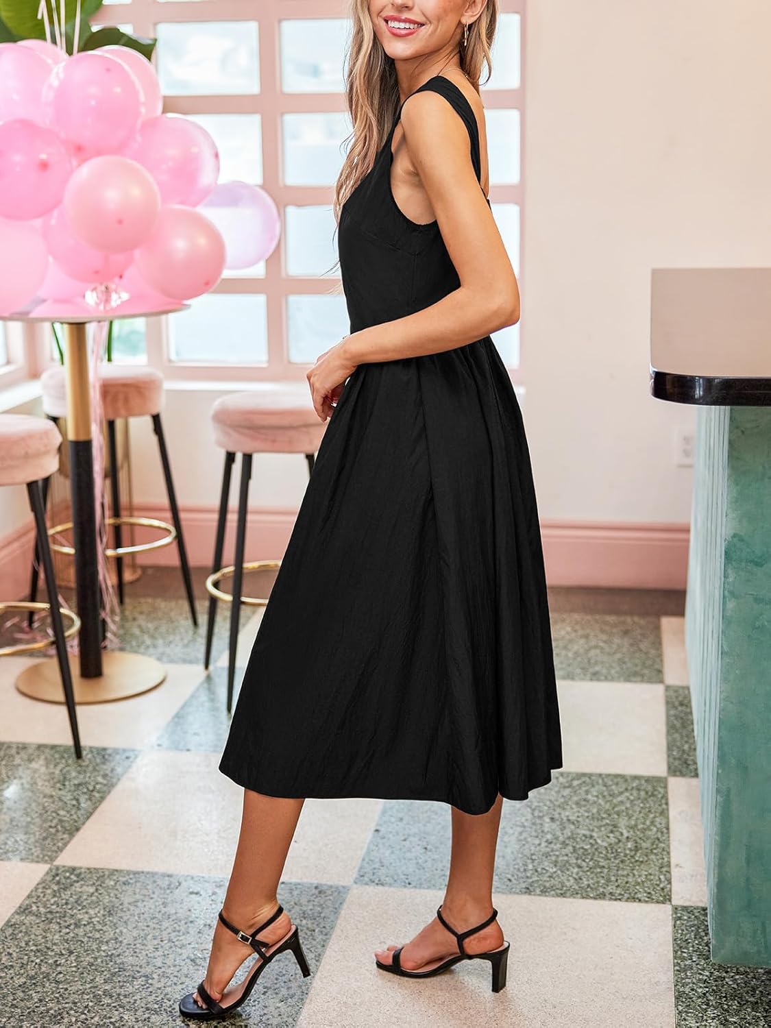 CUPSHE Women's Summer Sleeveless Midi Dress Square Neck Smocked Casual A Line Beach Sundress - Image 3