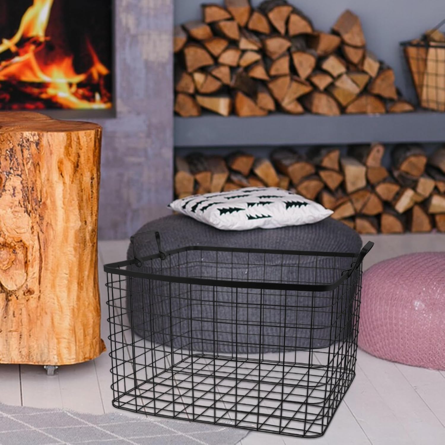 Log Bin Metal Wire Basket Mesh Stackable Utility Storage Bin Charcoal Carrier Rectangular Christmas Fireplace Container For Indoor Outdoor Firewood Kitchen Utility