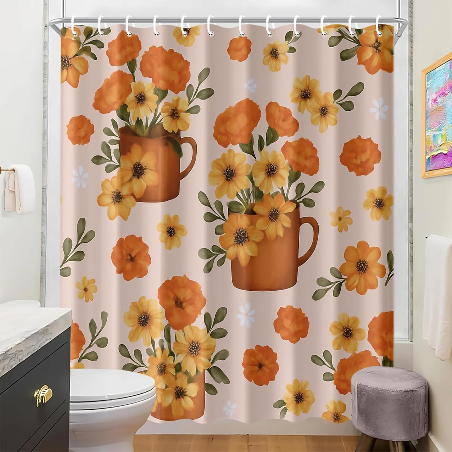 Floral Shower Curtain 72x72 Inch with Hooks Rustic Orange Daisy and Marigold Design Fabric Bathroom Decor with Tea Cup Flowers and Green Leaves for Farmhouse Boho Cottage Bathtub