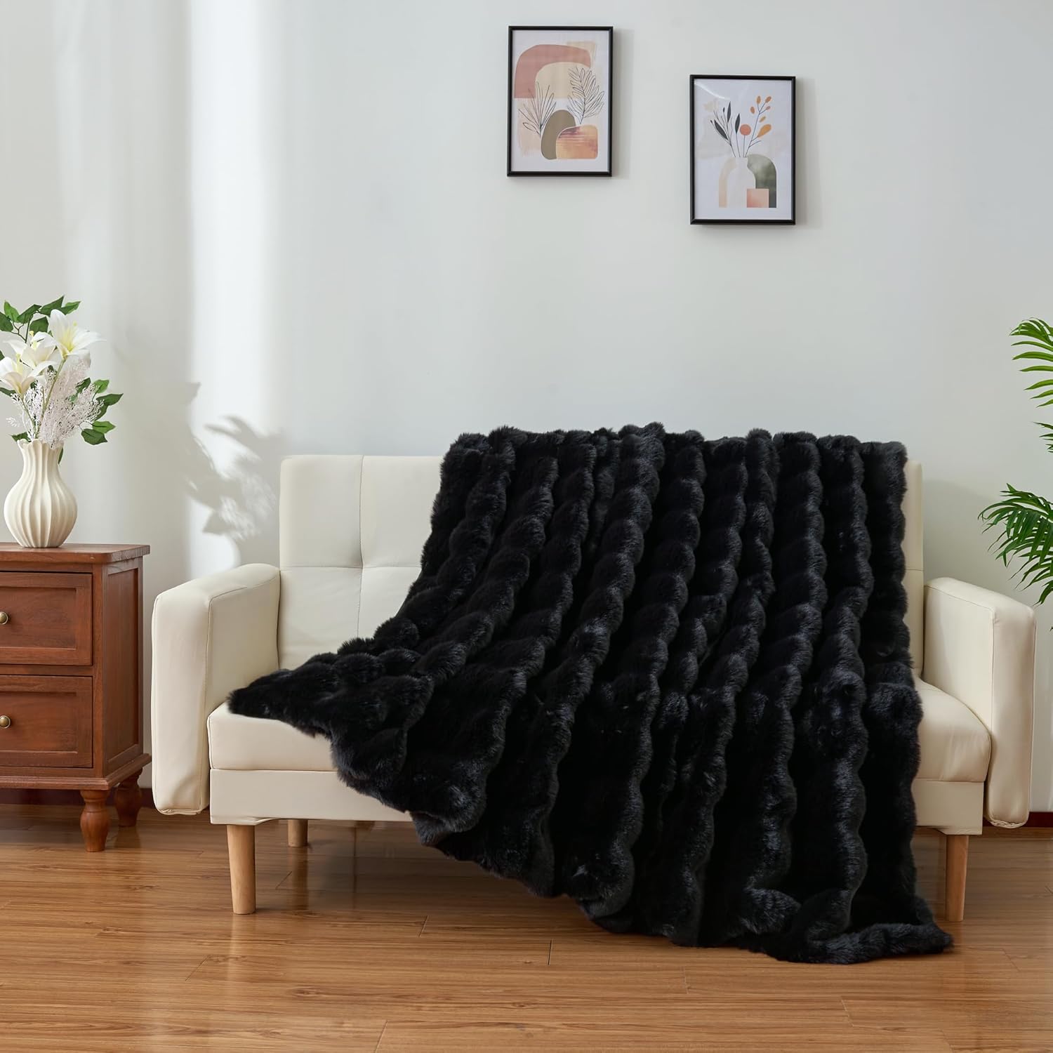 Faux Rabbit Fur Bubble Throw Blanket Plush Fluffy Cozy Blanket for Couch Bed Sofa Reversible Winter Warm Blanket for Home Decor (Black, 50"x60") - Image 7