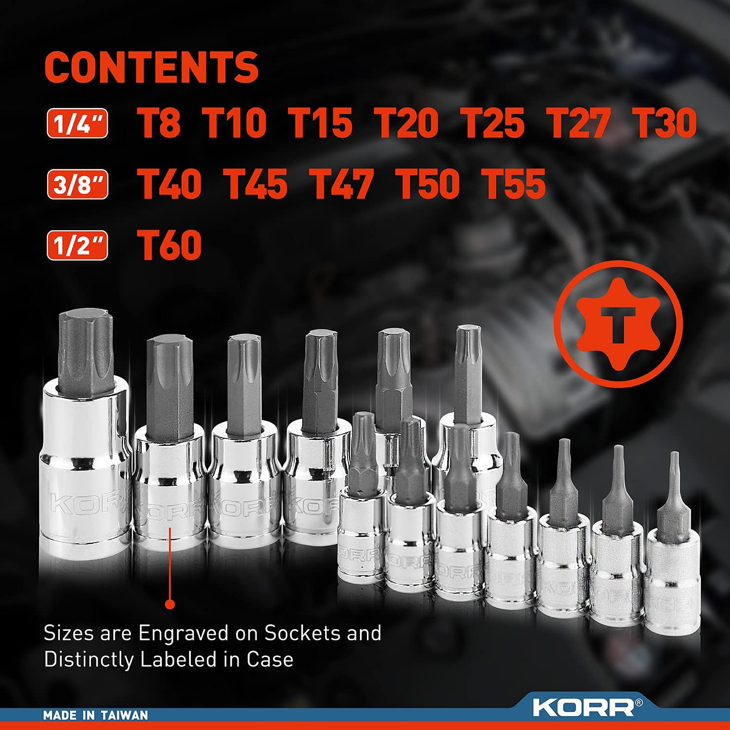 KORR Tools KSS004 13pc Torx Bit Socket Set, Sizes from T8 - T60 | 1/4-Inch, 3/8-Inch & 1/2-Inch drive