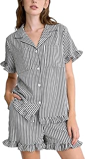 Womens Striped Pajama Set Cotton Ruffle Pjs Short Sleeve Sleepwear