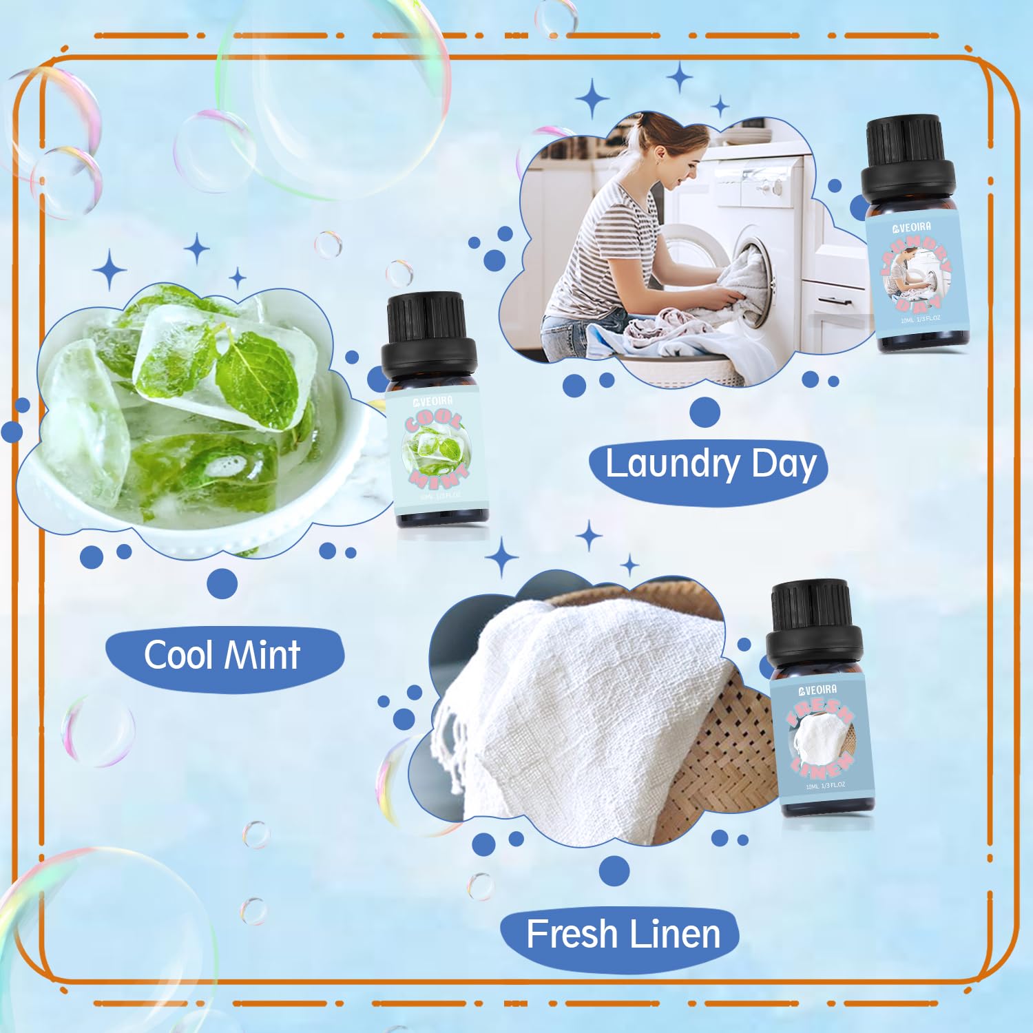 Juego de aceites de fragancia limpia, juego de aceites esenciales de lavandería para difusor, velas, aceites perfumados para hacer jabón, lino fresco, menta fresca, burbujas de jabón, día de