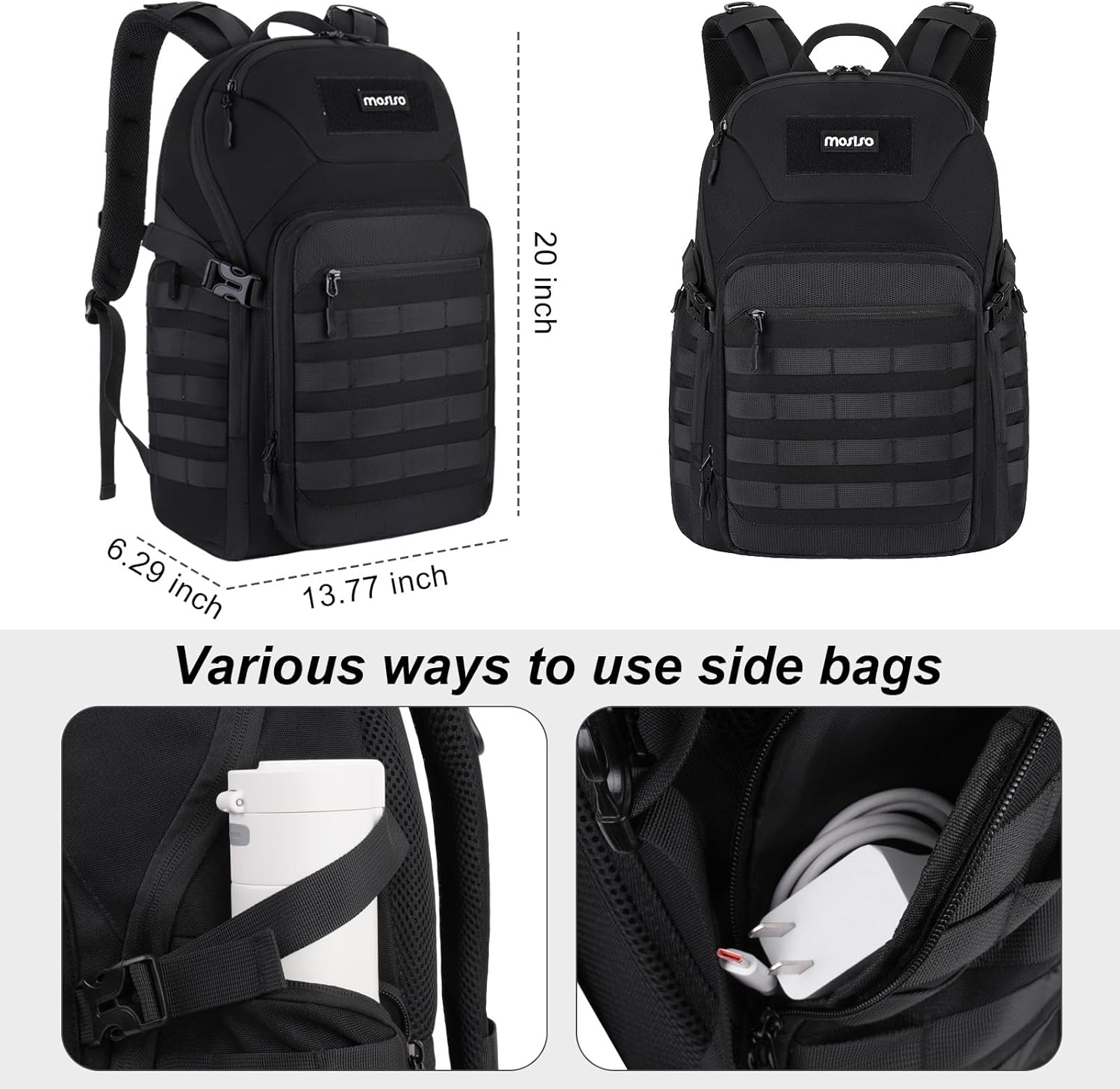MOSISO 30L Military Tactical Backpack for Men, Daypack 3 Day Bug Out Bag Hiking Rucksack with Bottle Holder for Sport Outdoor Hiking Camping Training, Black