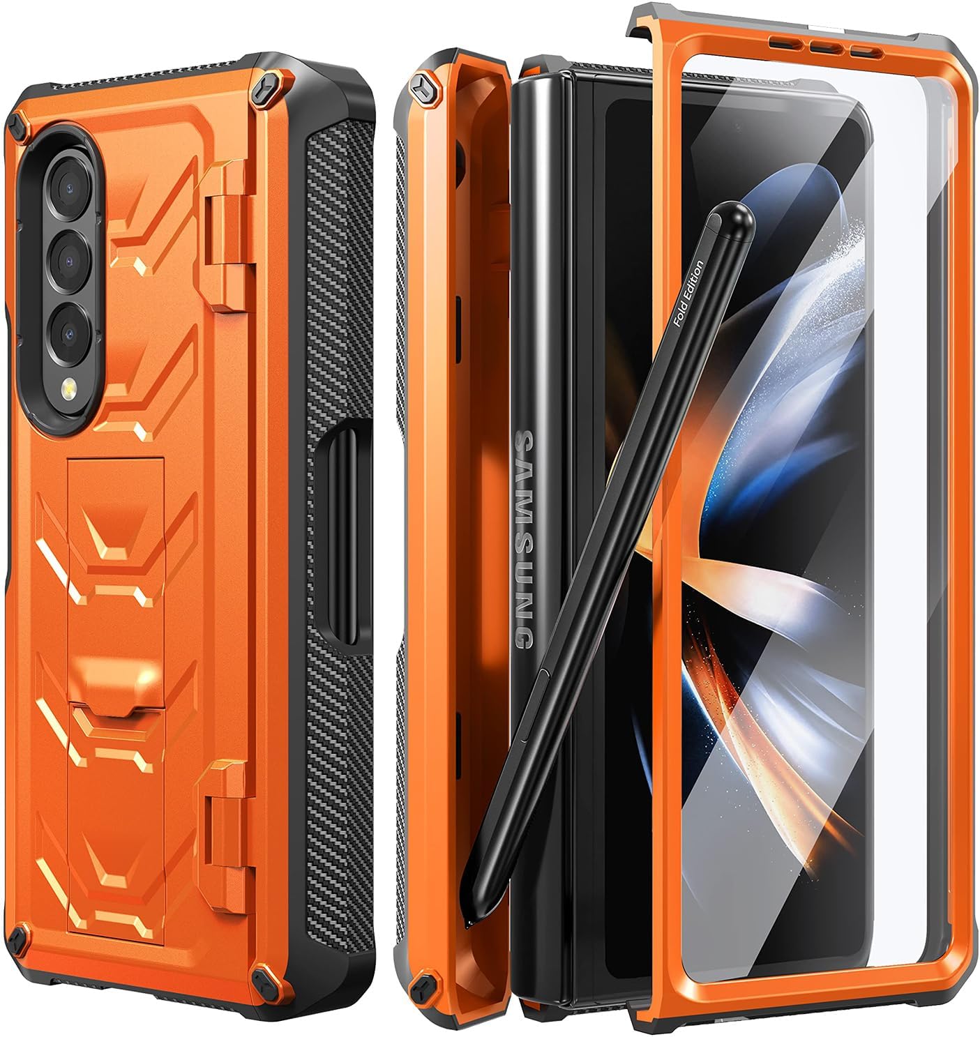 Samsung Galaxy Z Fold 4 Case (2022) with S Pen Holder & Kickstand, Drop Protection Case with Built-in Screen Protector for Samsung Z Fold 4/W23 Wireless Charging Compatible (Orange)