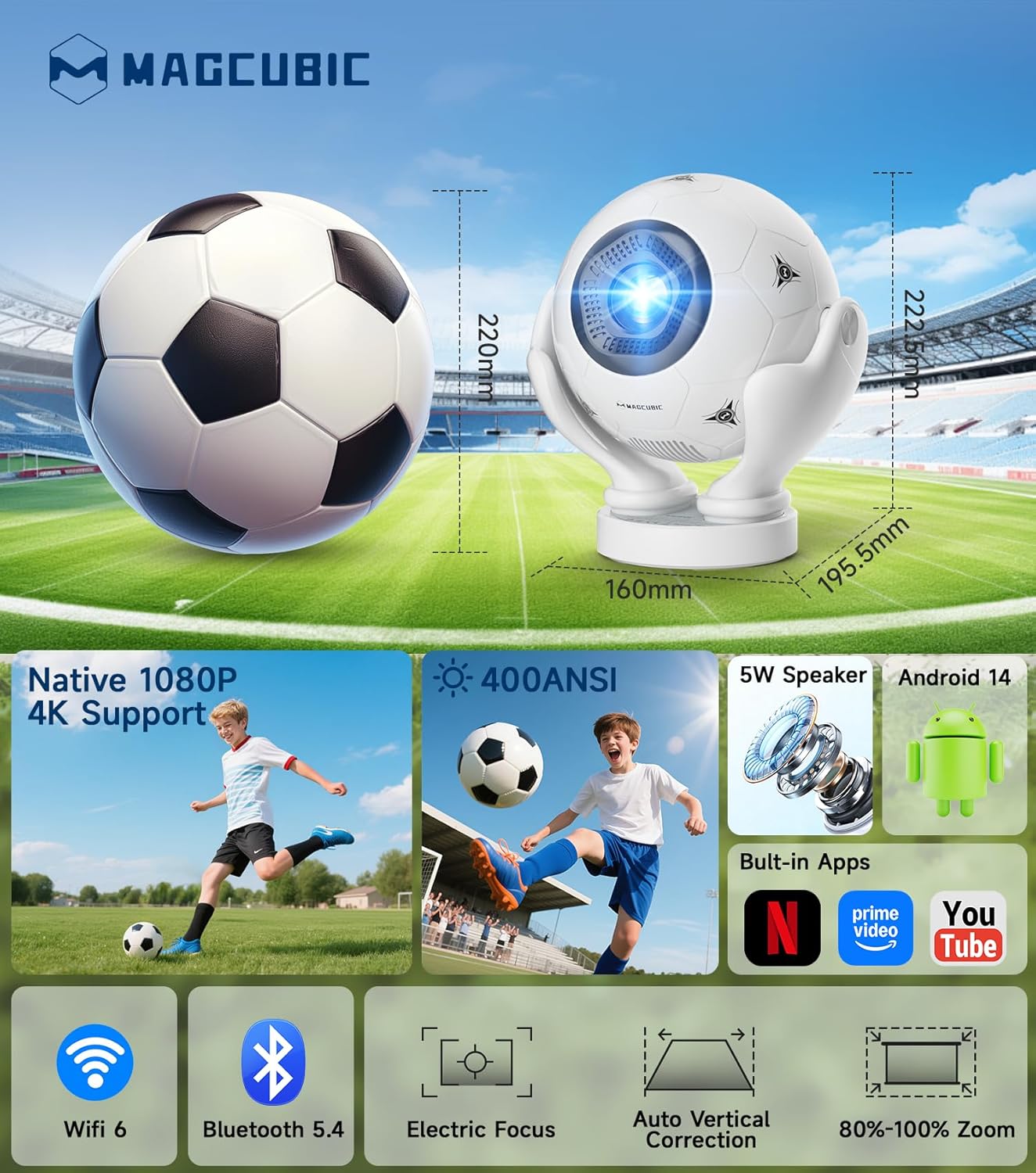 Magcubic HY320F Soccer Projector, Native 1080P 4K Support, WiFi 6 Bluetooth 5.4, 400 ANSI, Android 14, Electric Focus Short Throw, Portable Mini Projector for 2026 World Cup Home Theater Outdoor 3