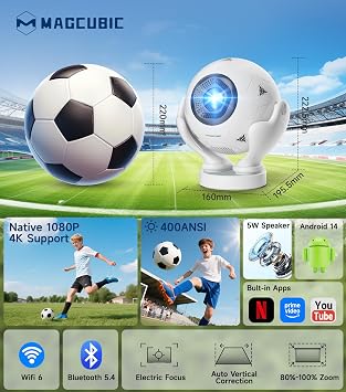 Magcubic HY320F Smart Projector, Native 1080P 4K Support, WiFi 6 & Bluetooth 5.4, 400 ANSI, Android 14, Electric Focus Short Throw, Portable Mini Projector for Home Theater Outdoor Movie Gaming