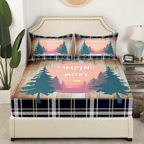 Vista 61 de Camper Decor Sábanas de cama Happy Camping, sábana bajera ajustable de campamento con juego de cama de montaña, juego de cama de verano para Multi 04