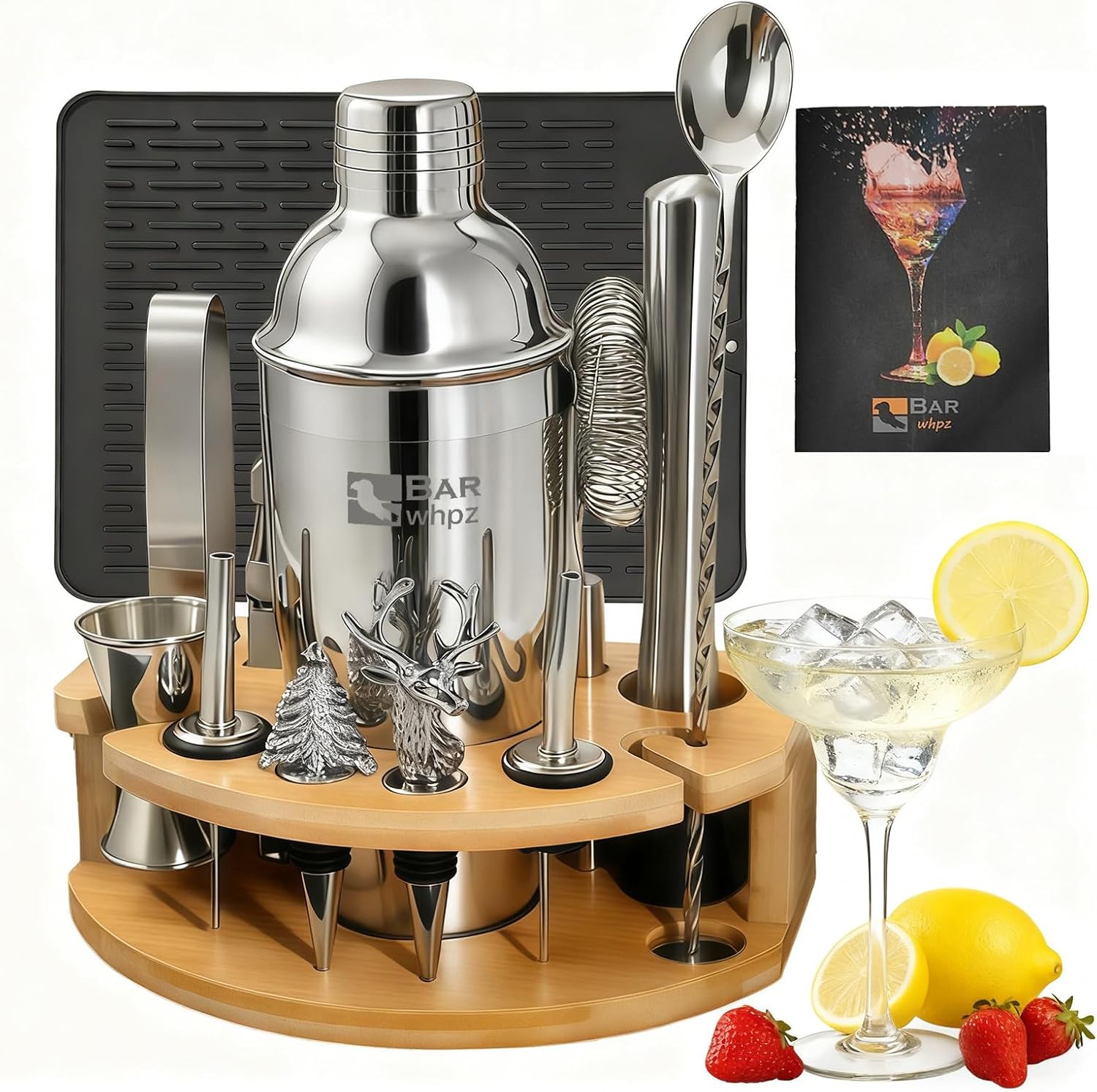 Silicone Pad Included Cocktail Shaker Set Bartender Kit,Mixology Bartender Kit 13-Piece with Bamboo Stand,Martini Shaker Kit with All Essential Accessory Tools for Drink Mixing Gift for him or her