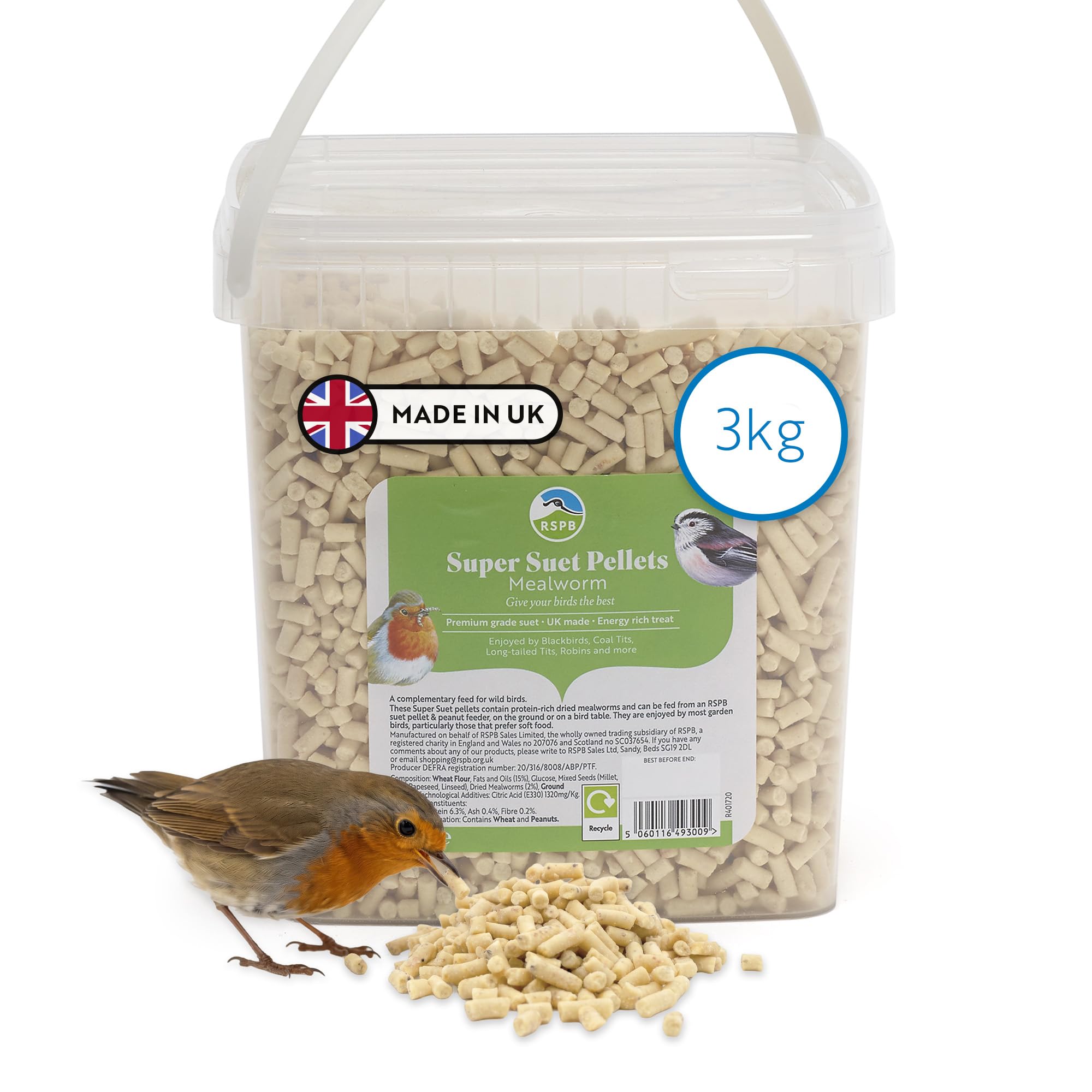 RSPB - Super Suet Pellets for Wild Birds, Common Garden Bird and Robin Food, High Protein, Suitable for Year-Round Feeding, Made in the UK (Mealworms) (3kg Tub)