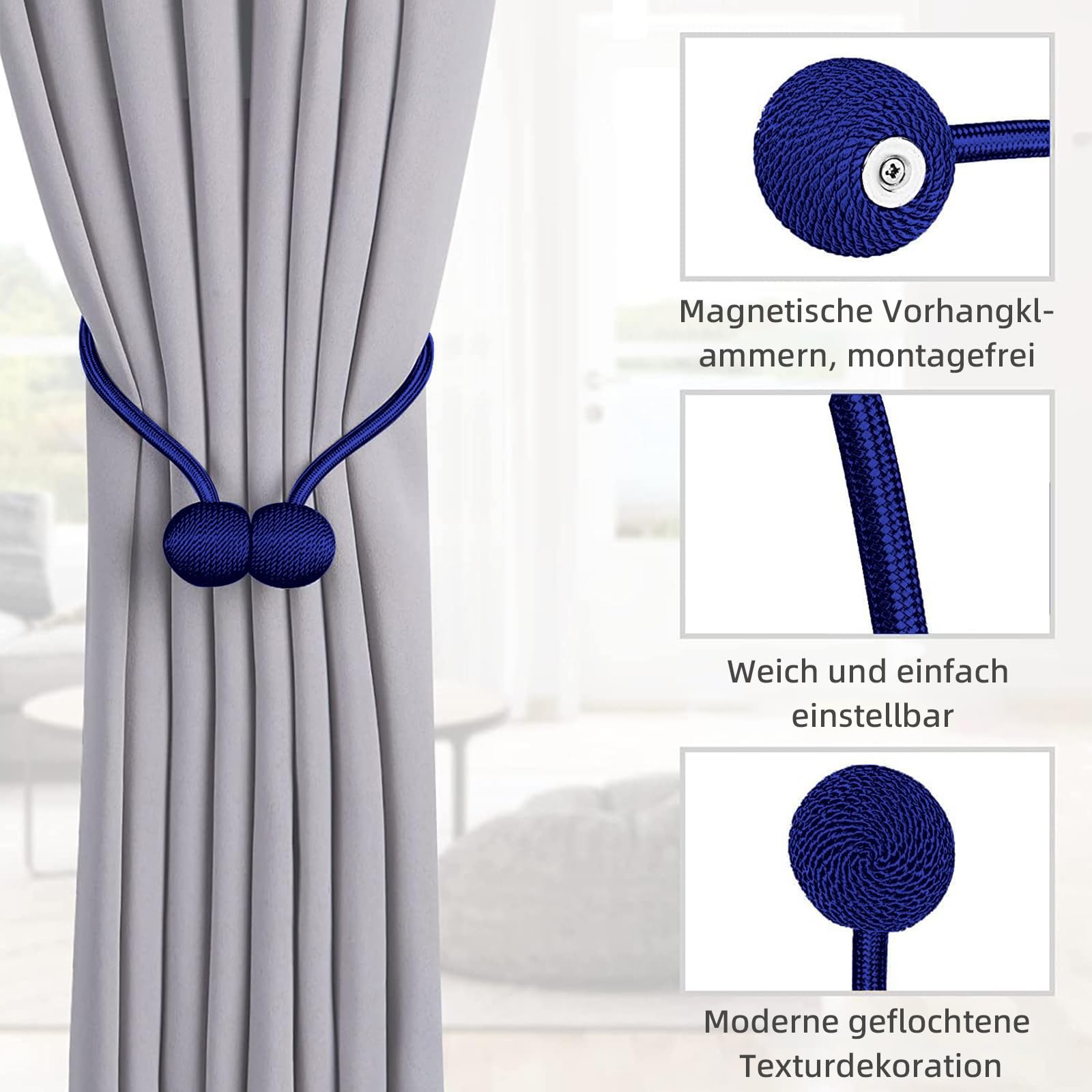 TopHomer Magnetic Curtain Tie Backs 4 Pack - 10 Colour Options, Darkblue, 4 pcs - Image 2
