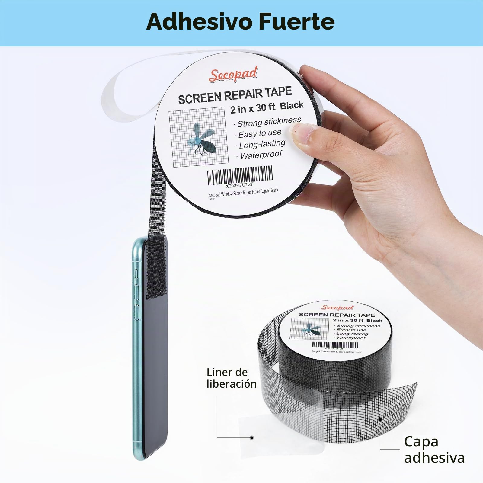 Secopad Cinta Reparadora de Mosquiteras, 50 mm x 9 m Kit de Reparación de Parches de Pantallas de Fibra de Vidrio para Pantallas de Puertas y Ventanas, Negro