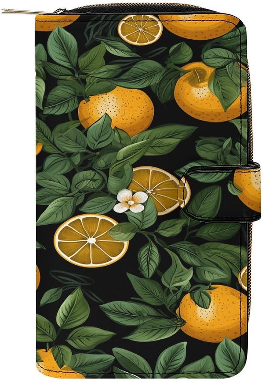 Oranges And Leaves on Black Background Travel Wallet for Men & Women RFID Blocking Card Organizer Credit Card Holder Large Capacity