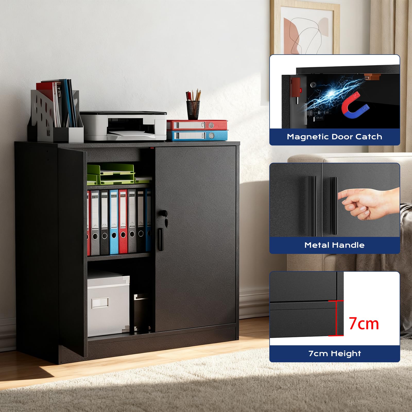 Armoire de Bureau, Meuble Rangement Bureau Fermant à clé, 15mm Armoire de Rangement pour Garage Salon Chambre Buffet Imprimante Papier Administratif avec 2 Porte, Placages Réglables, Noir