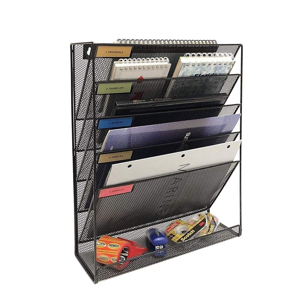 Organizador de archivos de pared de diseño robusto con 5 compartimentos negros elegantes