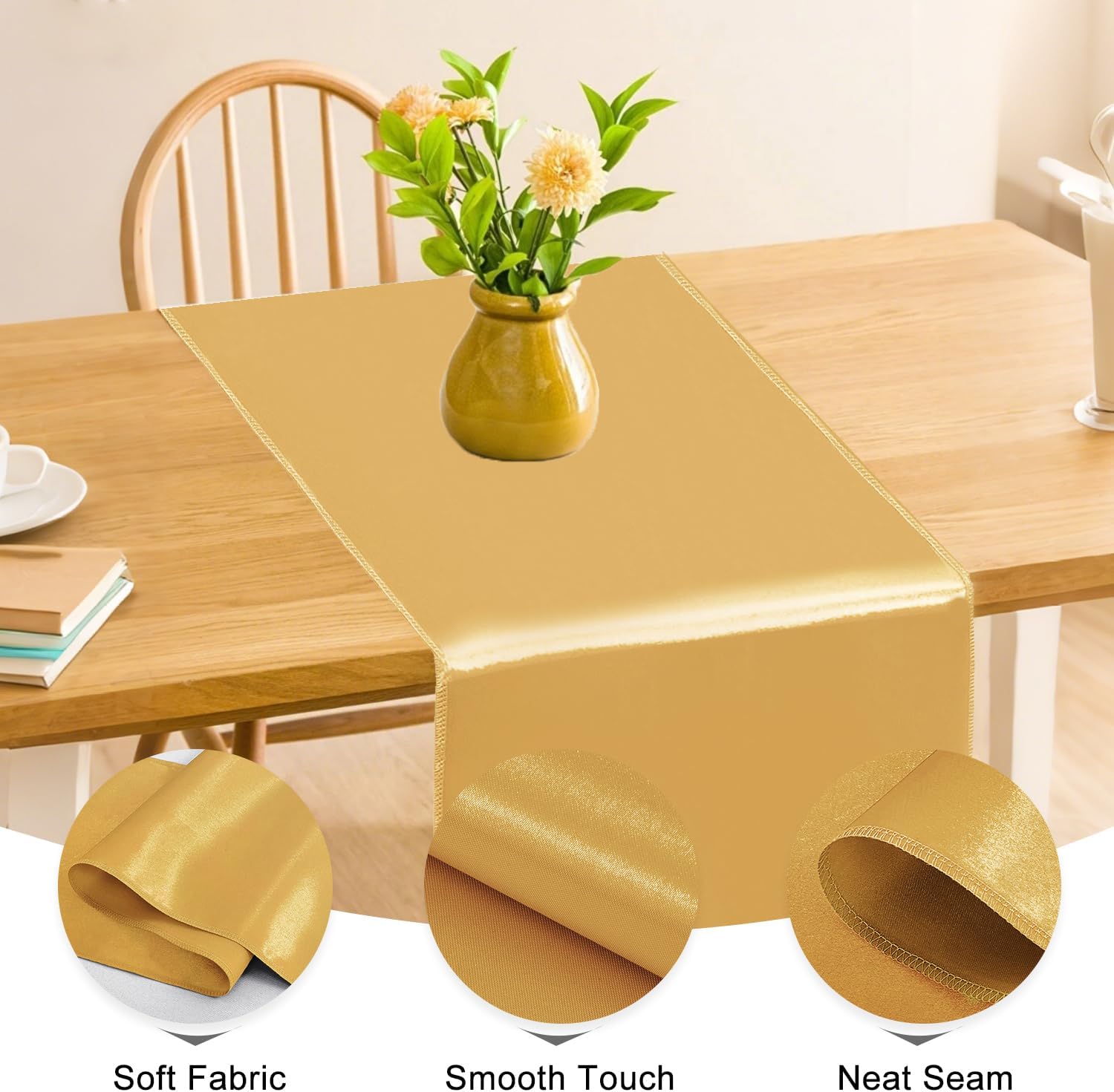 10 Pack Satin Table Runner 12 x 108 Inch Long,Satin Silk Table Runner for Wedding,Birthday Party and Banquet Decoration,Gold