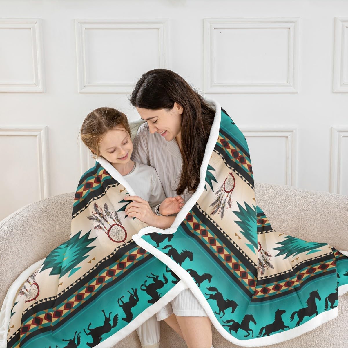 Horse Bed Blanket Dreamcatcher Throw Blanket for Boys Child Teens Men,Aztec African Tribal Horse Printed Fleece Blanket Western Farm Animals Blanket Exotic Nordic Style Bedroom Decor,90"x90"