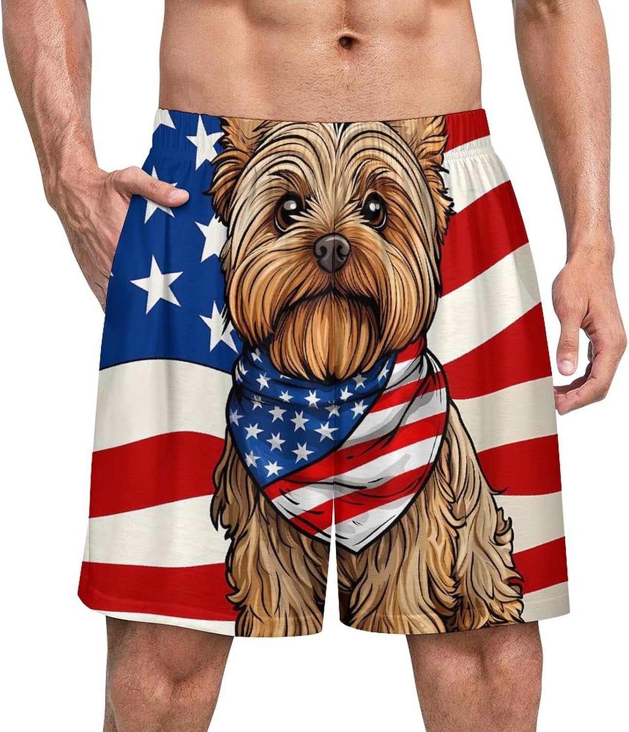 USA Flags Yorkshire Terrier Dog Mens Pajama Shorts Drawstring Pajama Pants Pj Bottoms with Pockets