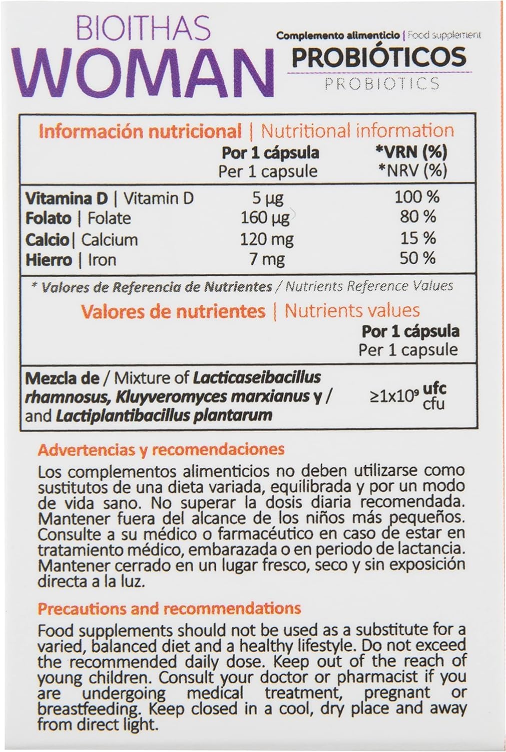 WOMAN - Protector Íntimo Mujer, Probióticos para Equilibrio y Bienestar de la Flora Vaginal [Vaginosis Bacteriana - Candida] Hierro, Calcio, Ácido Fólico y Vitamina D. 90 Cápsulas