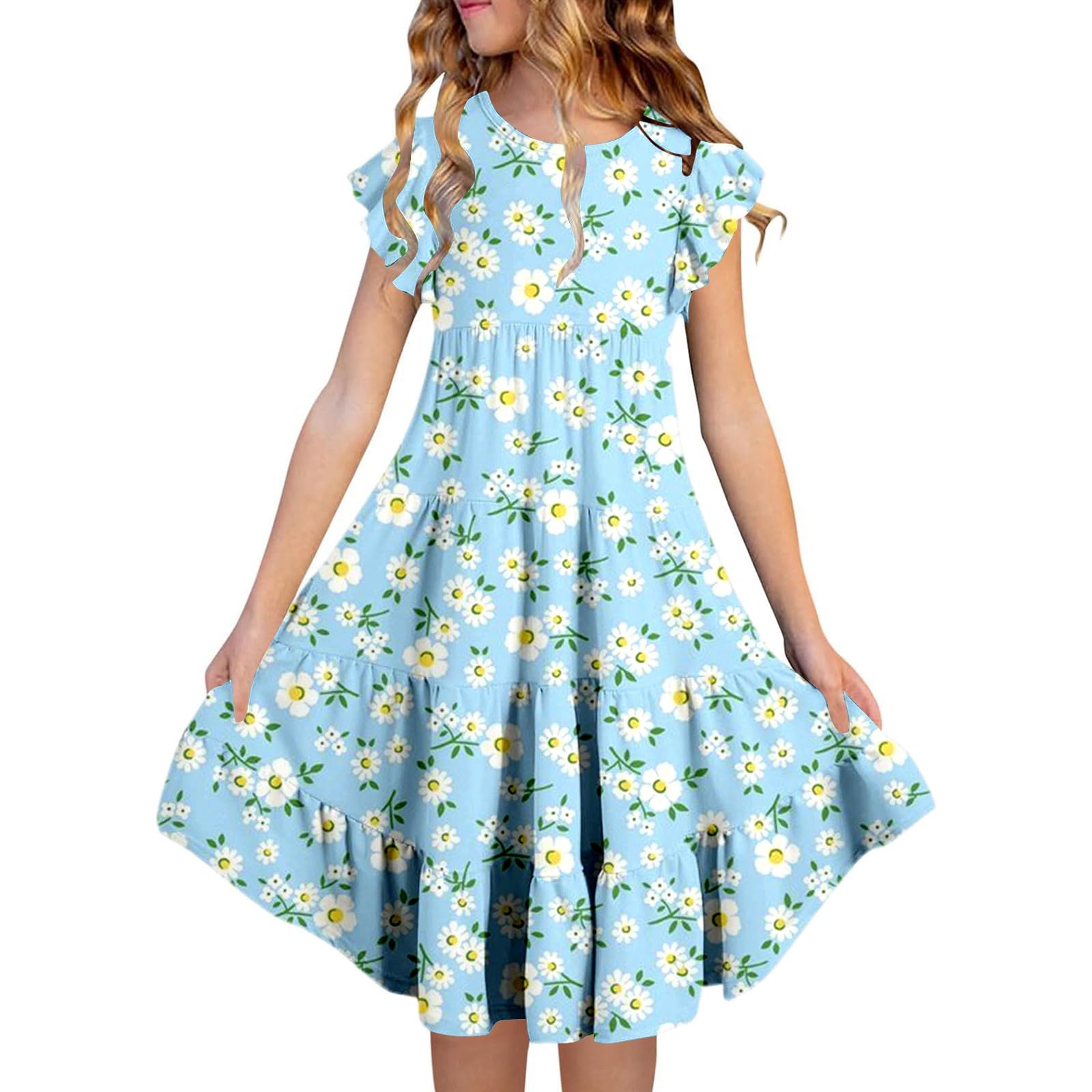 Robe été Enfant Fille 6-15 Ans sans Manches à Volants Imprimé Fleur Robe Ado Fille Chic et Elegant Legere Fluide Fashion Casual Confortable Soirée Vacances Dress