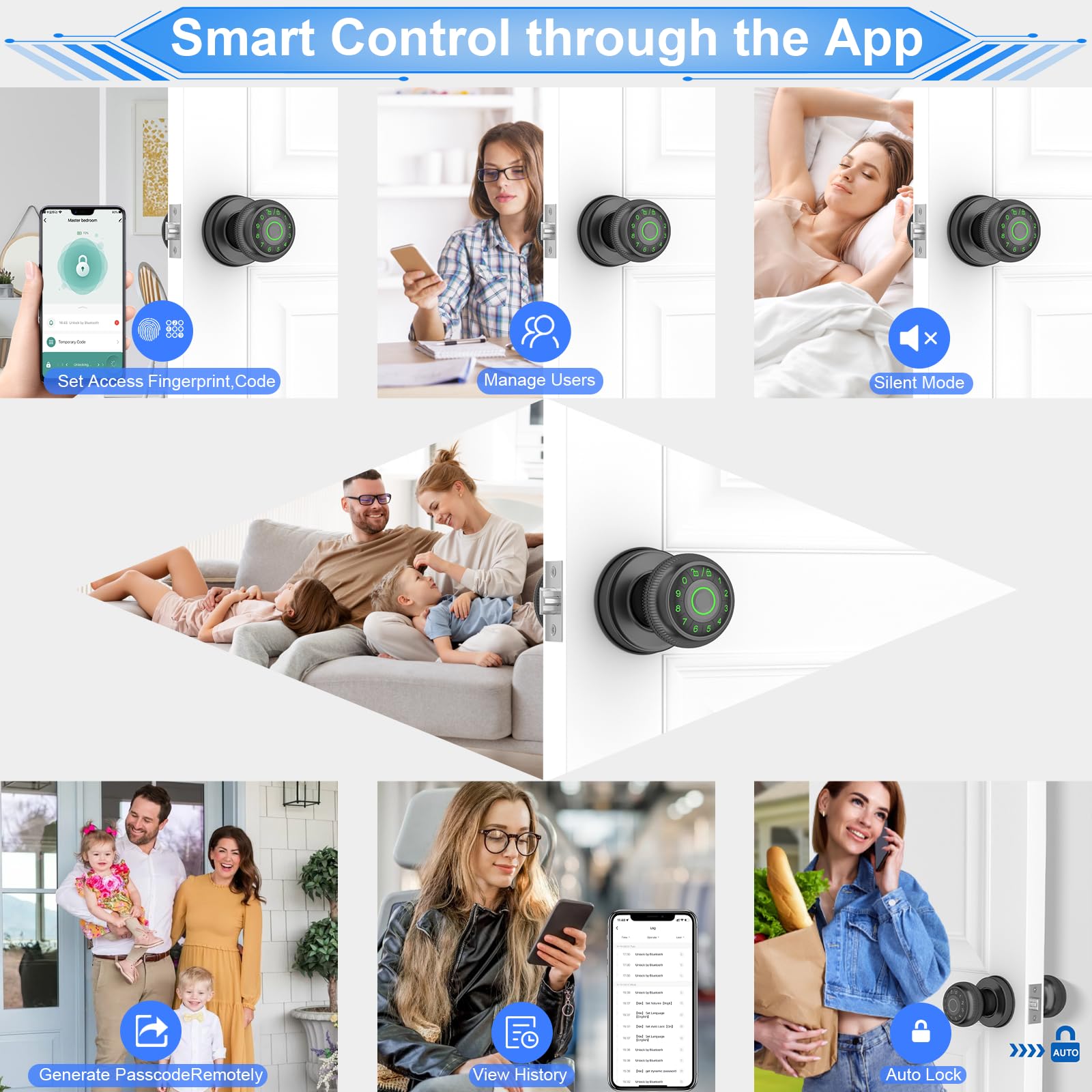 Serrure de porte intelligente avec clavier à code et application de contrôle d'empreintes digitales, verrouillage automatique et mode confidentialité, noir mat – Idéal pour appartement,