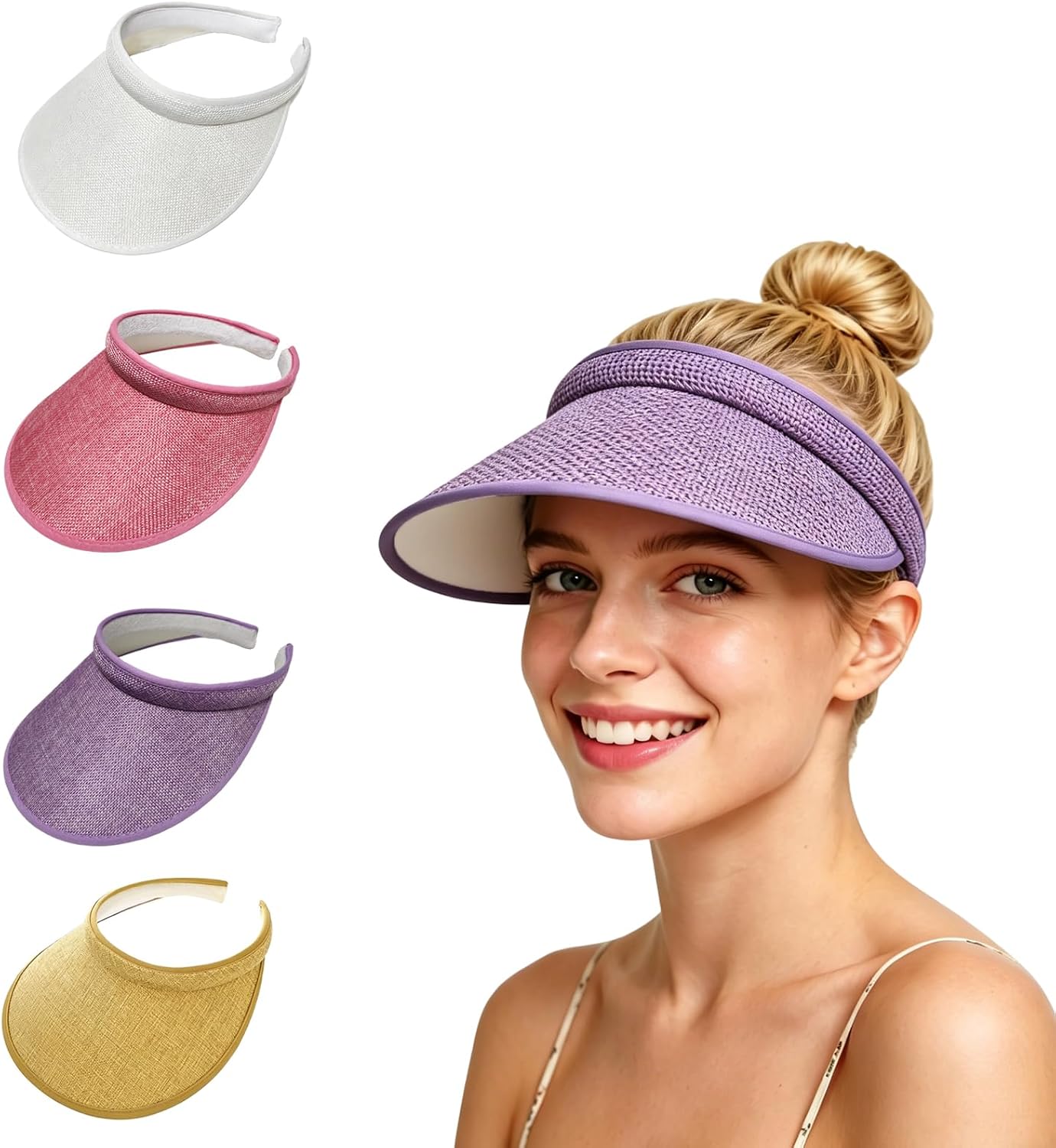 Women's Sun Visor Hats, 4 Pack Wide Brim UV Protection Empty Top Linen Visors Clip-on Headband Style Beach Hats for Women