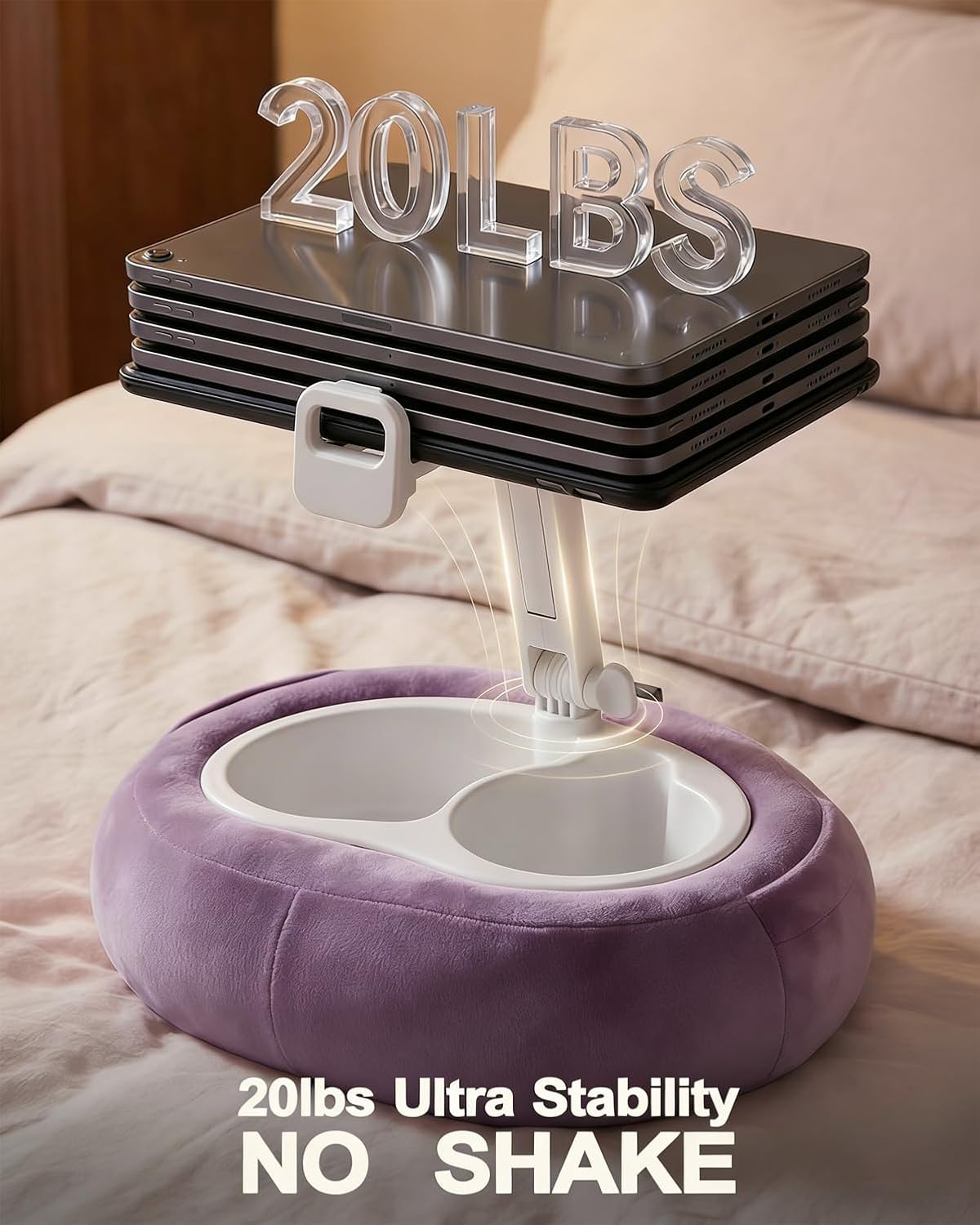 Miledi Tablet Pillow Stand, Compatible with 5"-12.9" Kindle, iPad, Phone/Tablet, 360° Rotating Phone Holder for Bed, Soft Plush Fabric, Detachable Bowl, Reading and Relaxation on Bed, Purple