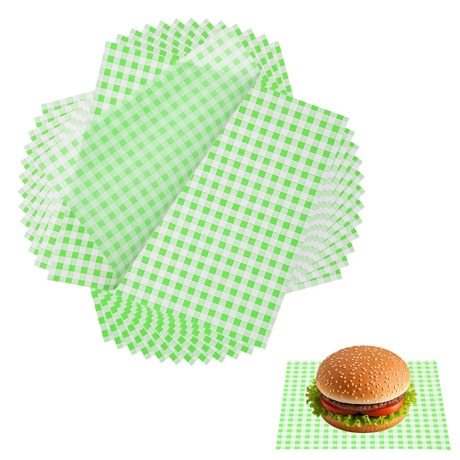 sourcing map 100 Pcs Wax Paper Sheets for Food, 8.7 x 8.7 Inch Greaseproof Wrapping Paper Sheets, Checkered Square Food Basket Liners for Sandwich Hamburger Bread, Green
