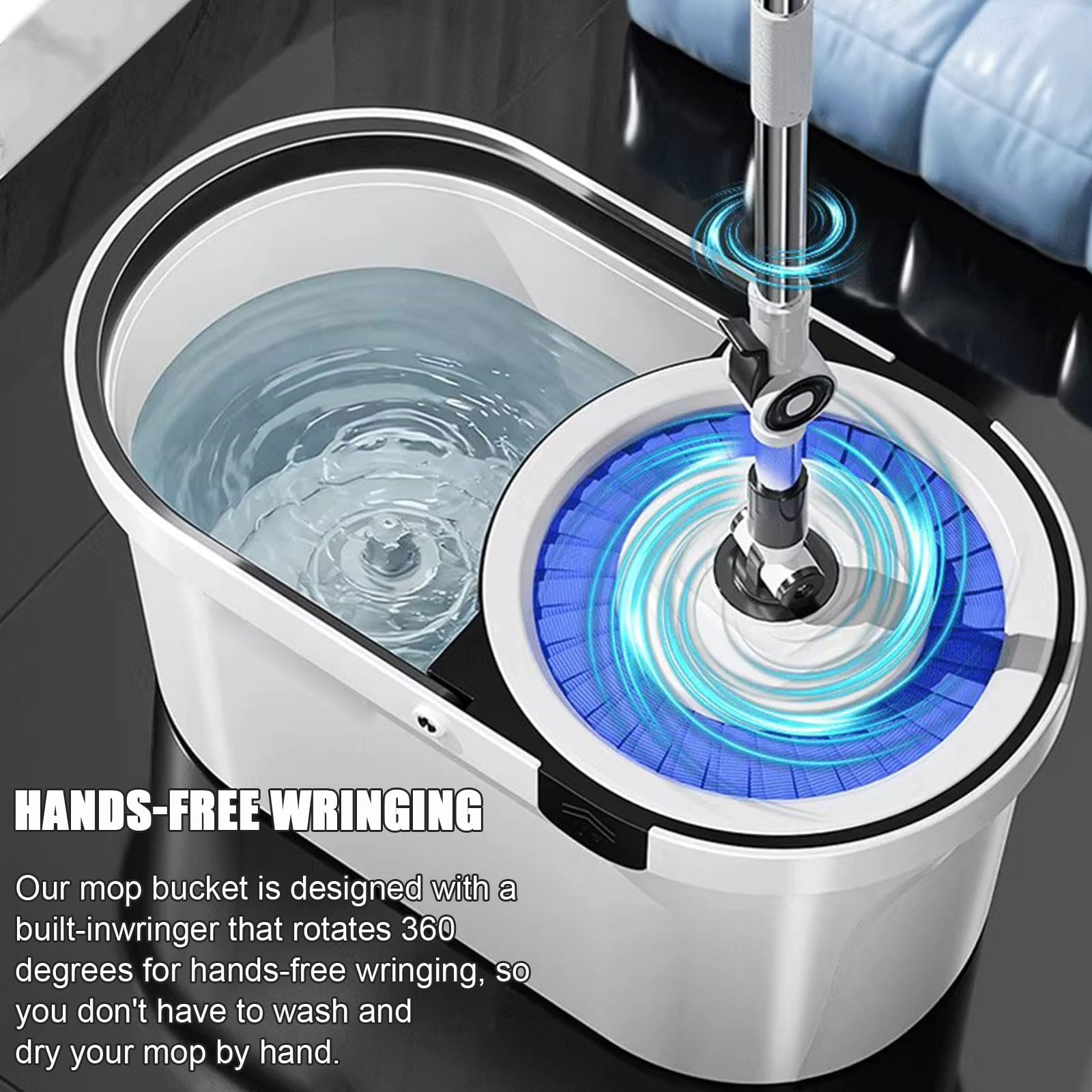Este Conjunto de fregona y Cubo Giratorio con escurridor para el hogar Incluye: Cabezales de Microfibra giratorios de 360°, Cubo con Cesta de Secado Desmontable, fregona húmeda para Limpieza