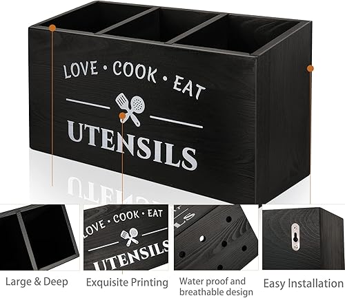 Miniatura 3 de MINCORD Soporte para utensilios de bambú con 3 compartimentos para encimera de cocina, organizador de cubiertos rústico, caja de almacenamiento de