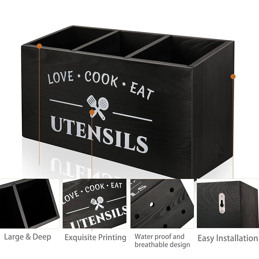 MINCORD Utensilienhalter 3-Fach Holz - Rustikaler Küchenorganizer 30x12x17cm