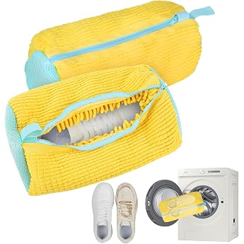 Shoe Wash Bag Washing Machine Pack of 2 Multi Protection Shoe Bag Washing Machine Reusable Sneaker Wash Bag for All Shoe Types and Sizes Protects Both Shoes and Washing Machine Yellow