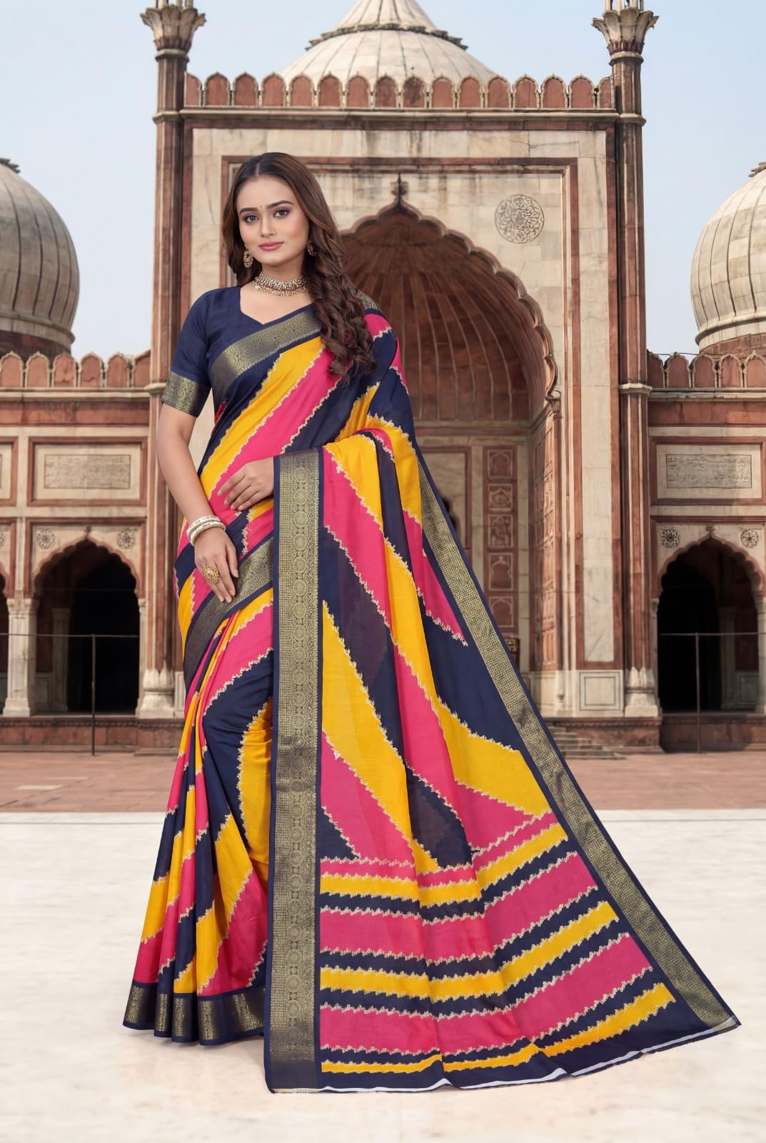 Multicolour Leheriya Print Silk Saree with Zari Border and Blouse Piece,-image-24
