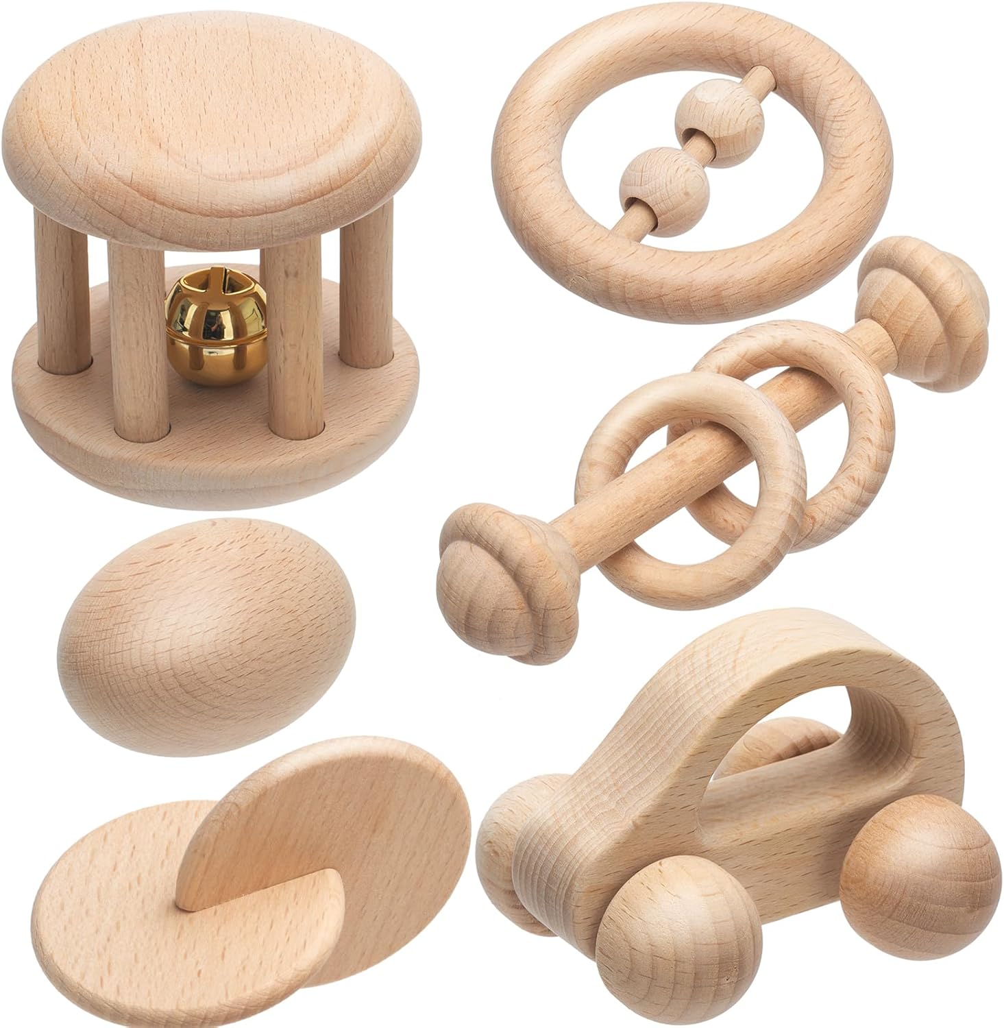 6 Pieces Wooden Baby Toy Set Montessori Wood Baby Rattles
