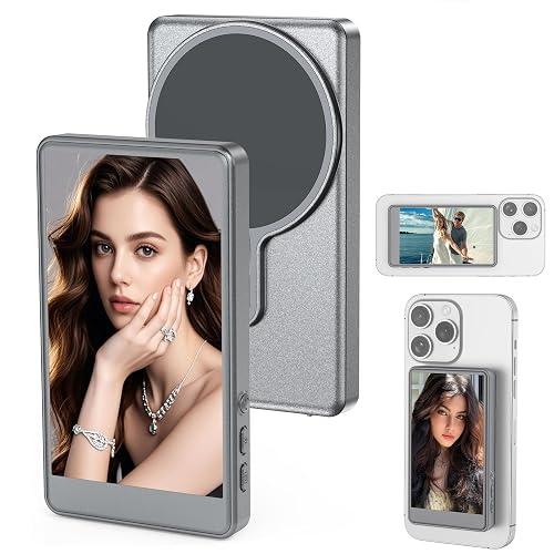 Vlog Selfie Monitor Screen for iPhone (NOT Support 17), Rear Camera for Selfie Vlog Live Stream, Magnetic Mount Wireless Connection with Remote Control (Grey)