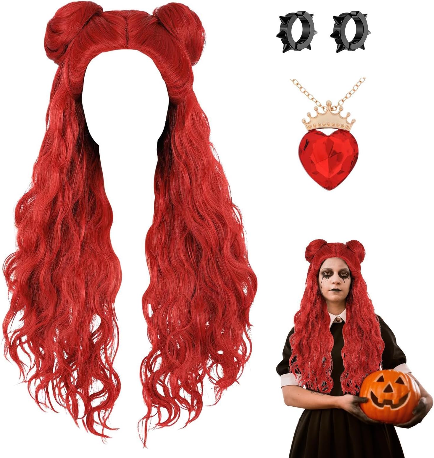 Red Wig Costume Descendent 4, Fashion Kids Red Costume Wig, Soft Red Wig With Buns And Red Necklace Earrings For Friends Children