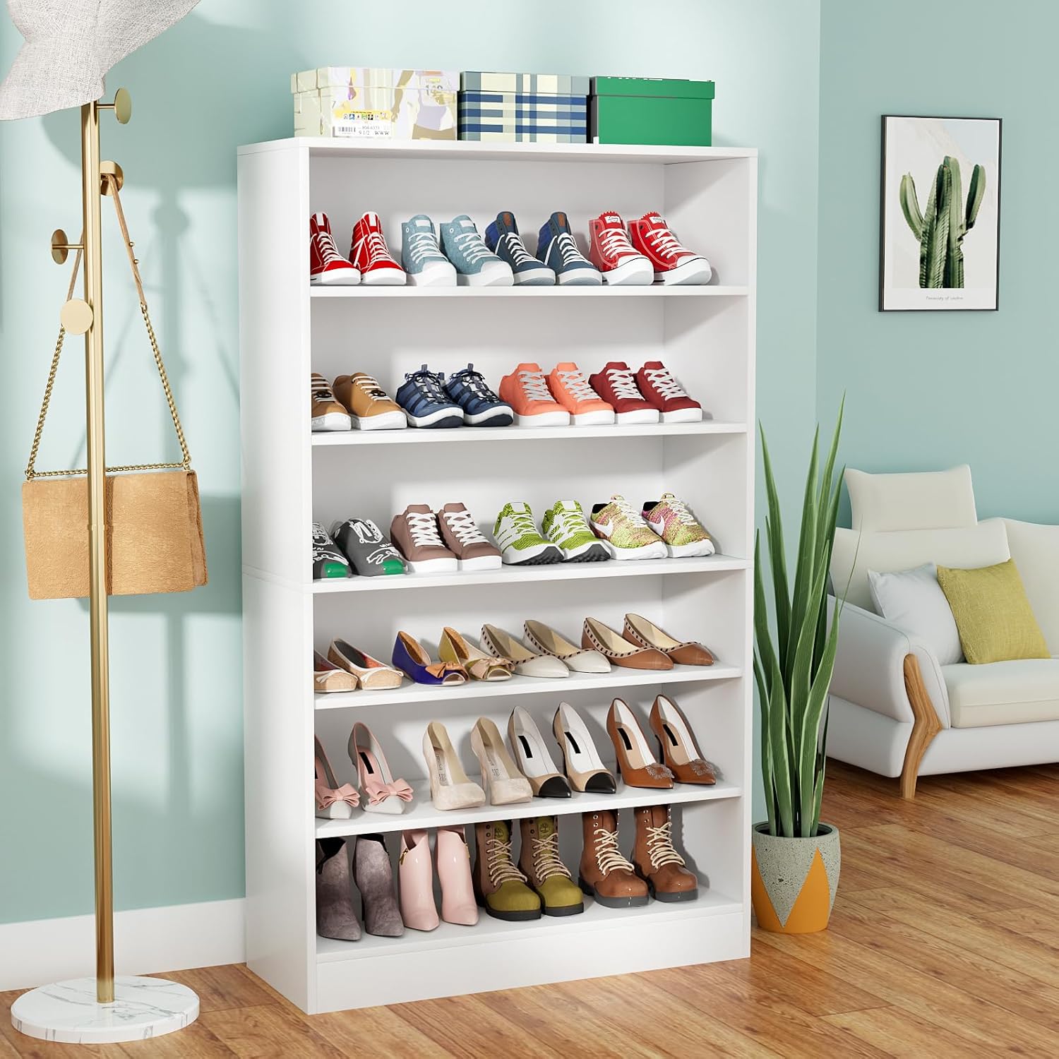 VOWNER 7 Tier Tall Shoe Cabinet with Open Storage, Freestanding Shoe Storage Cabinet with Adjustable Shelves, Shoe Organizer Cabinet for Hallway, Entryway, Living Room, White (7 Tier)