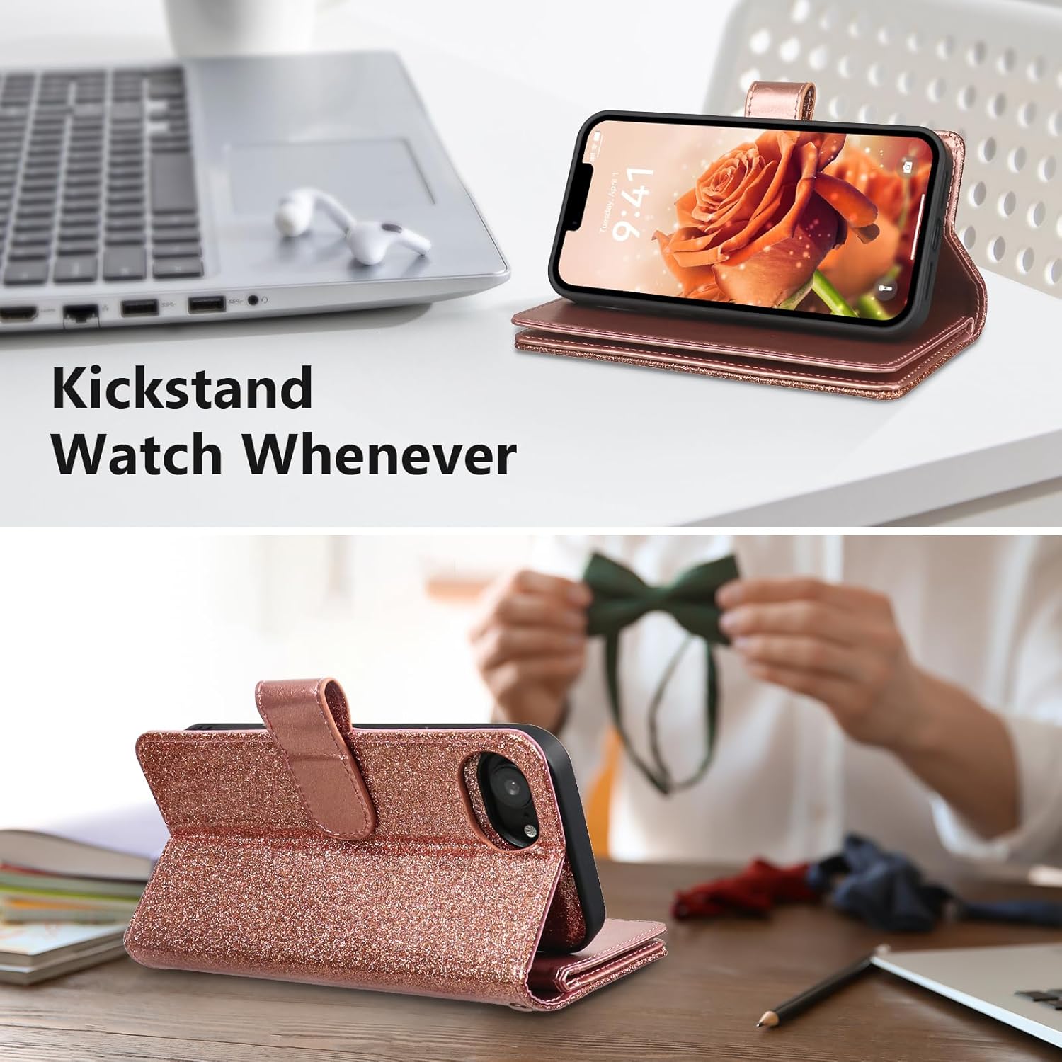 Varikke for iPhone 17e / iPhone 16e Wallet Case Detachable with RFID Blocking Card Holder for Women, Glitter PU Leather Wrist Strap Strong Magnetic Flip Wallet Removable Phone Case 6.1", Rose Gold