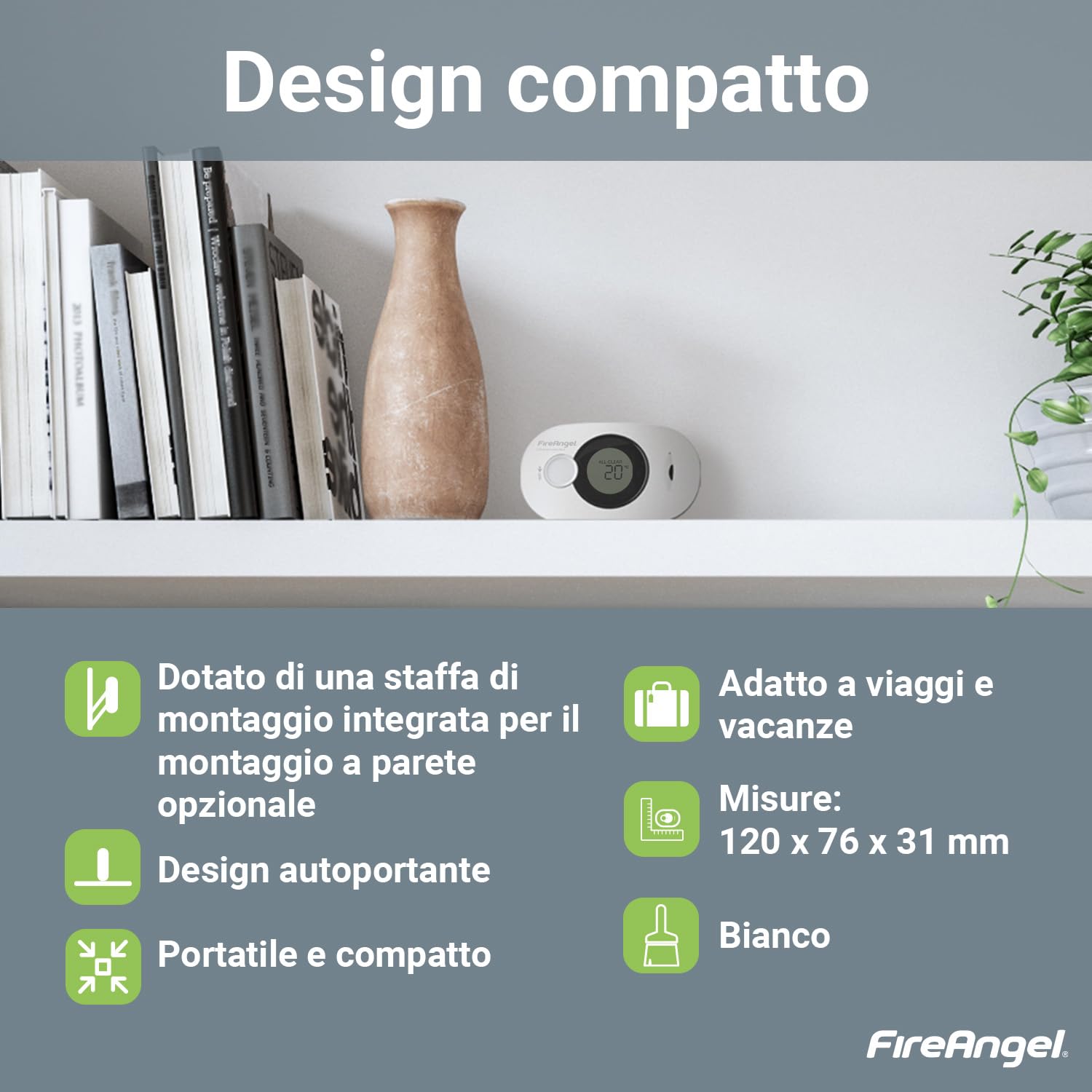 FireAngel Rilevatore Monossido di Carbonio – Rilevatore CO, Umidità, Temperatura FA3322 – Sensore Monossido di Carbonio per Casa e Viaggio