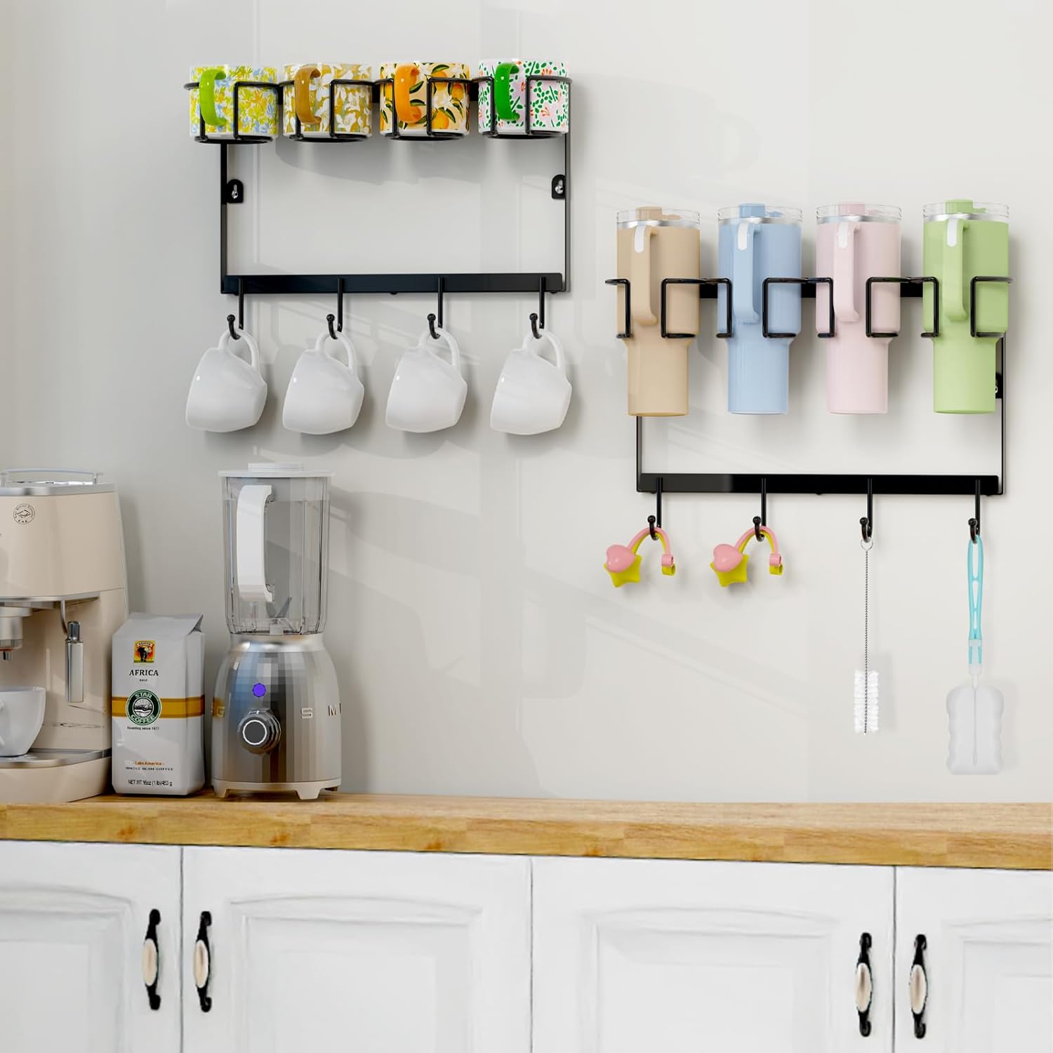 Wall Mount Cup Holder for Stanley 20/30/40oz, 2 Pack Tumbler Cup Organizer, Water Bottle Organizer with Hooks Storage Coffee Mug Cup, Universal Drilling - Image 6