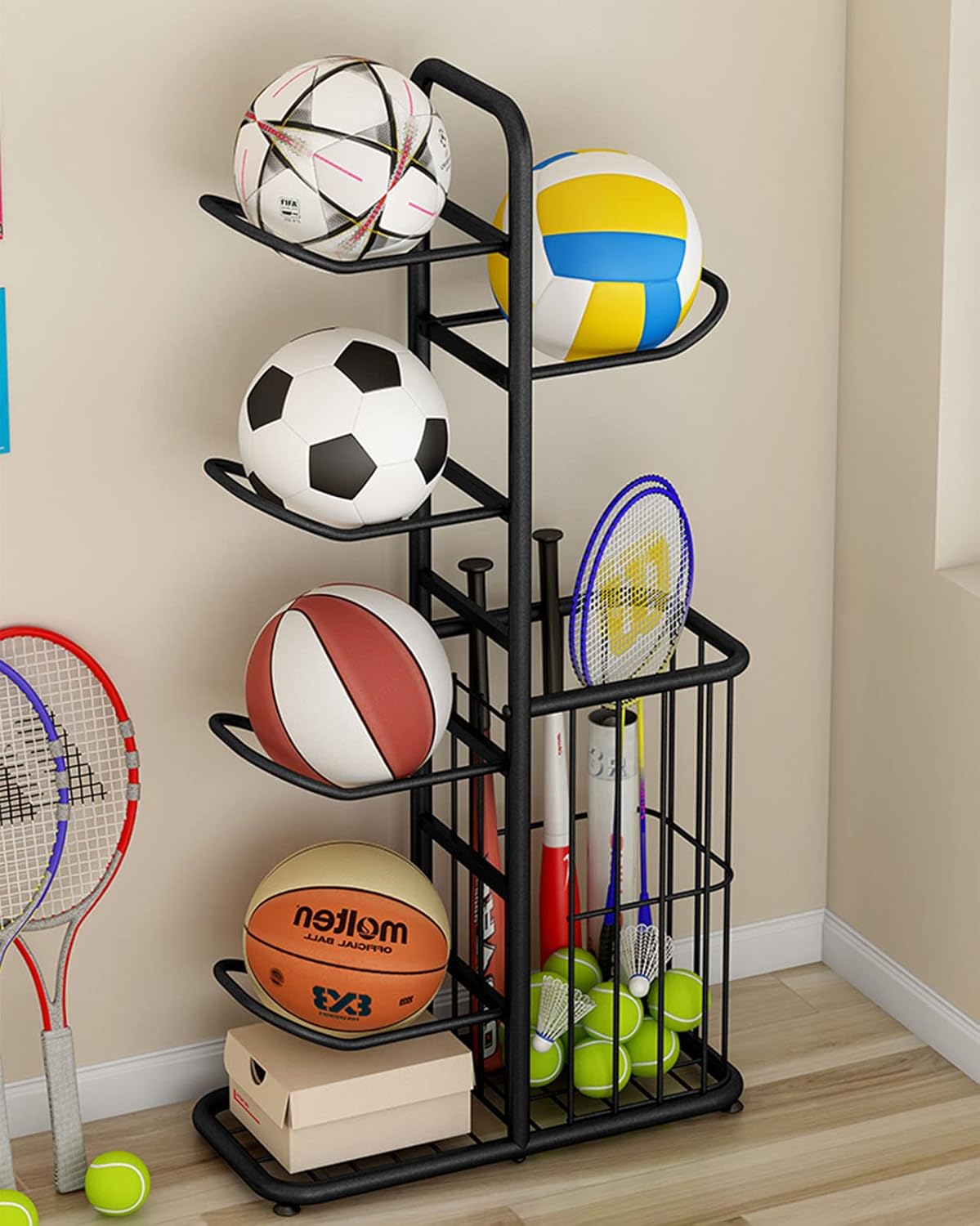 Amazon.co.jp ボールスタンド フレーム ボールラック バスケットボールラック ボール整理カゴ ボール収納ランク バレーボール収納