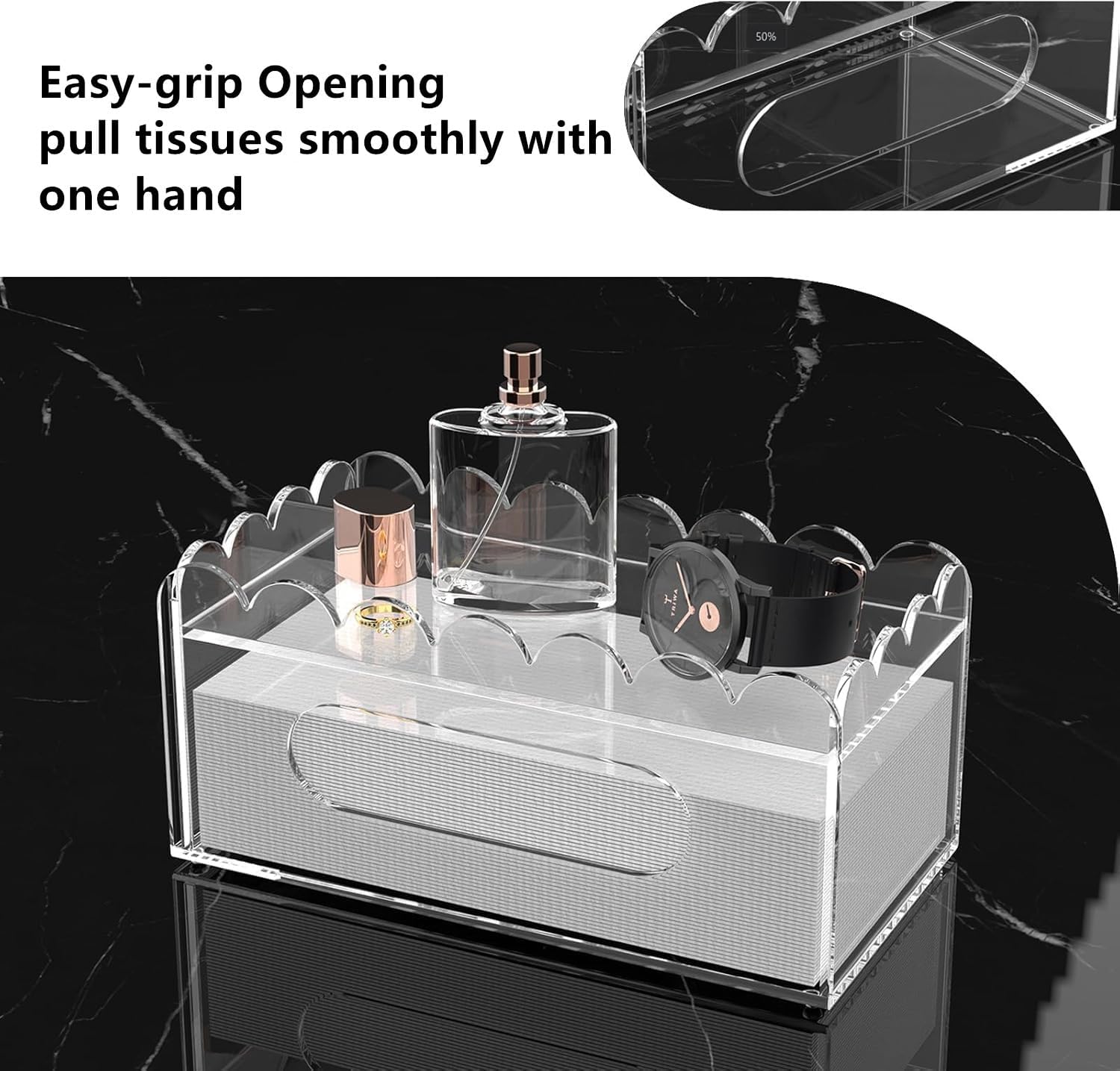 LUGUNU Clear Tissue Box Holder with Storage, Acrylic Rectangular Tissue Box Cover for Bathroom Counter, Living Room Coffee Table, Office Desk, Small Space Organizer – 2-in-1 Design with Non-Slip Base