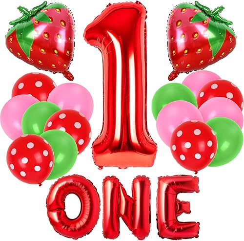 Waline 30 piezas de decoración de primer cumpleaños de fresa, globo número uno, letra uno, globos rosas y verdes para decoración de fiesta de primer