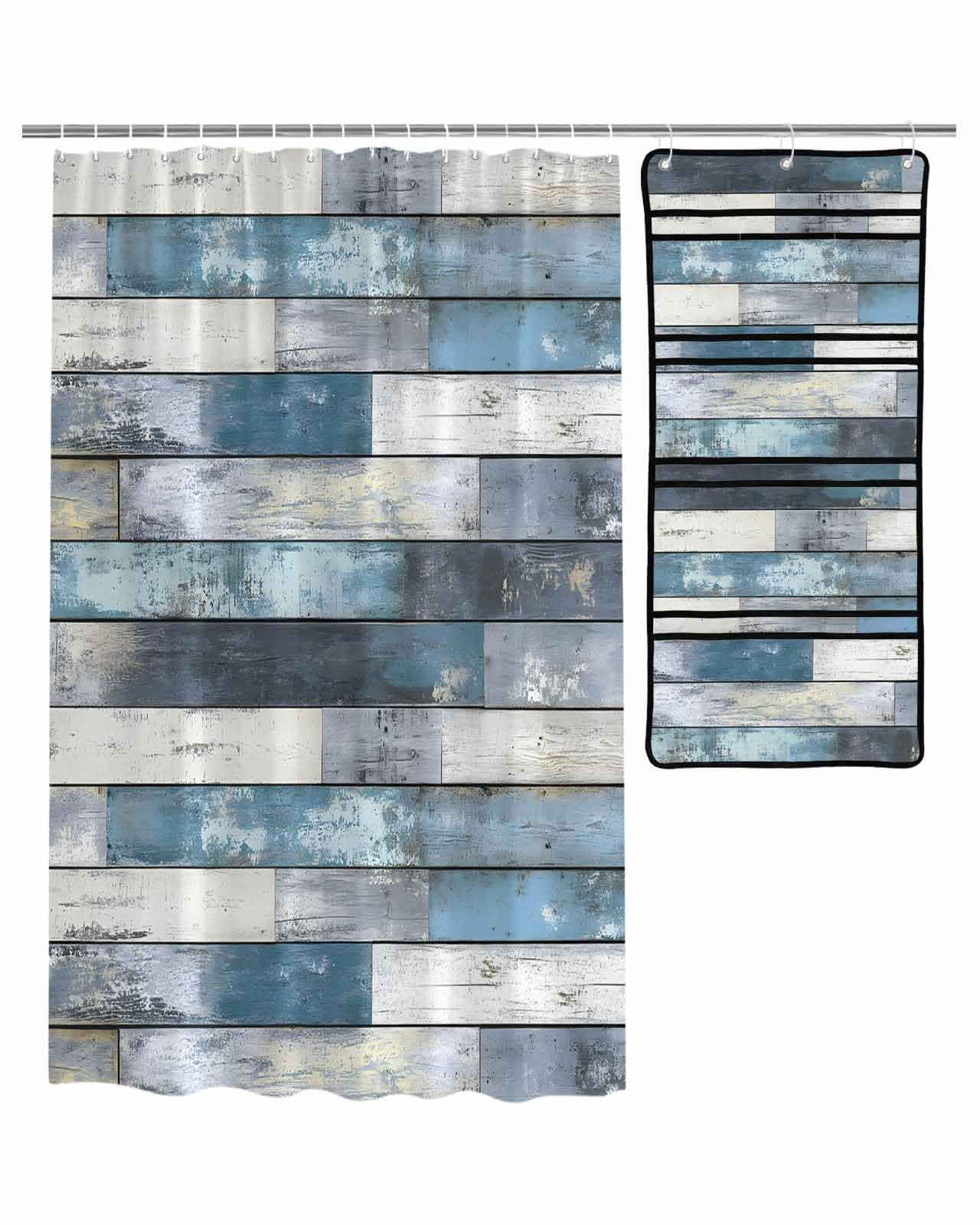 ZFUNCING Shower Curtain Mesh Shower Organizer Set Vintage Rustic Wooden Board Waterproof Bath Curtains Hanging Shower Caddy Bathroom