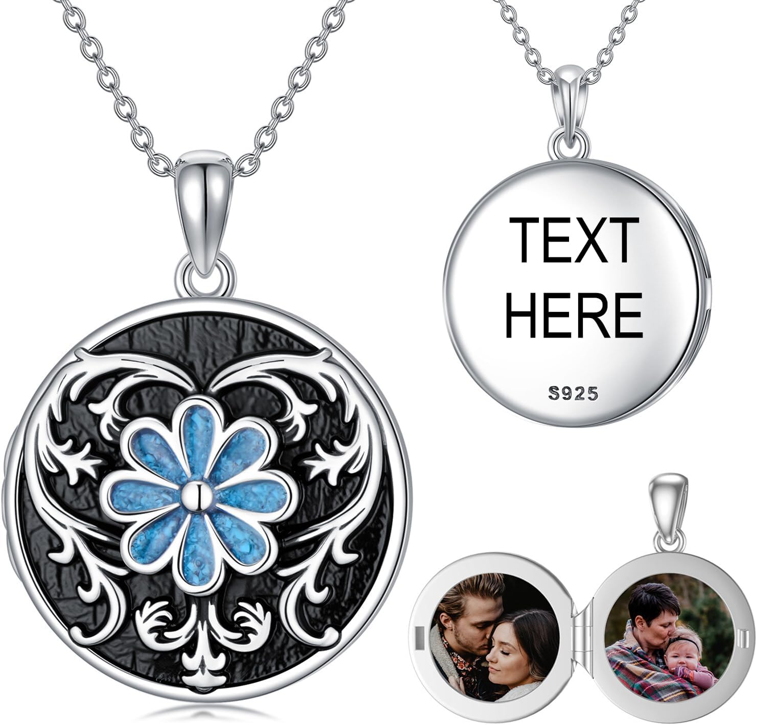Genuine Crushed Turquoise Photo Locket Necklace 925 Sterling Silver Daisy or Rose Custom Round Heart Shape Personalized Gift for Women