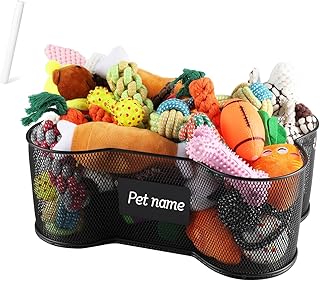 Geyecete Metal Dog Toy Basket - Bone Shaped Storage - Indestructible - Personalizable - Medium Toy Box for Dog