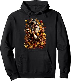 Cute Australian Shepherd with Fall Leaves Autumn Aesthetic Pullover Hoodie