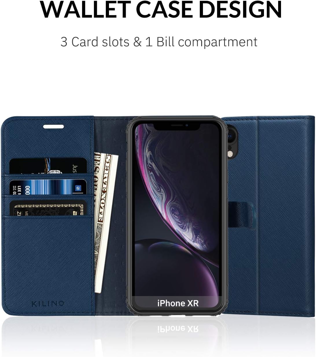 KILINO iPhone XR Wallet Case [Saffiano Leather][RFID Blocking] [Shock-Absorbent Bumper] [Card Slots] [Kickstand] [Soft TPU] [Magnetic Closure] Flip Folio Cover for iPhone XR (Blue)